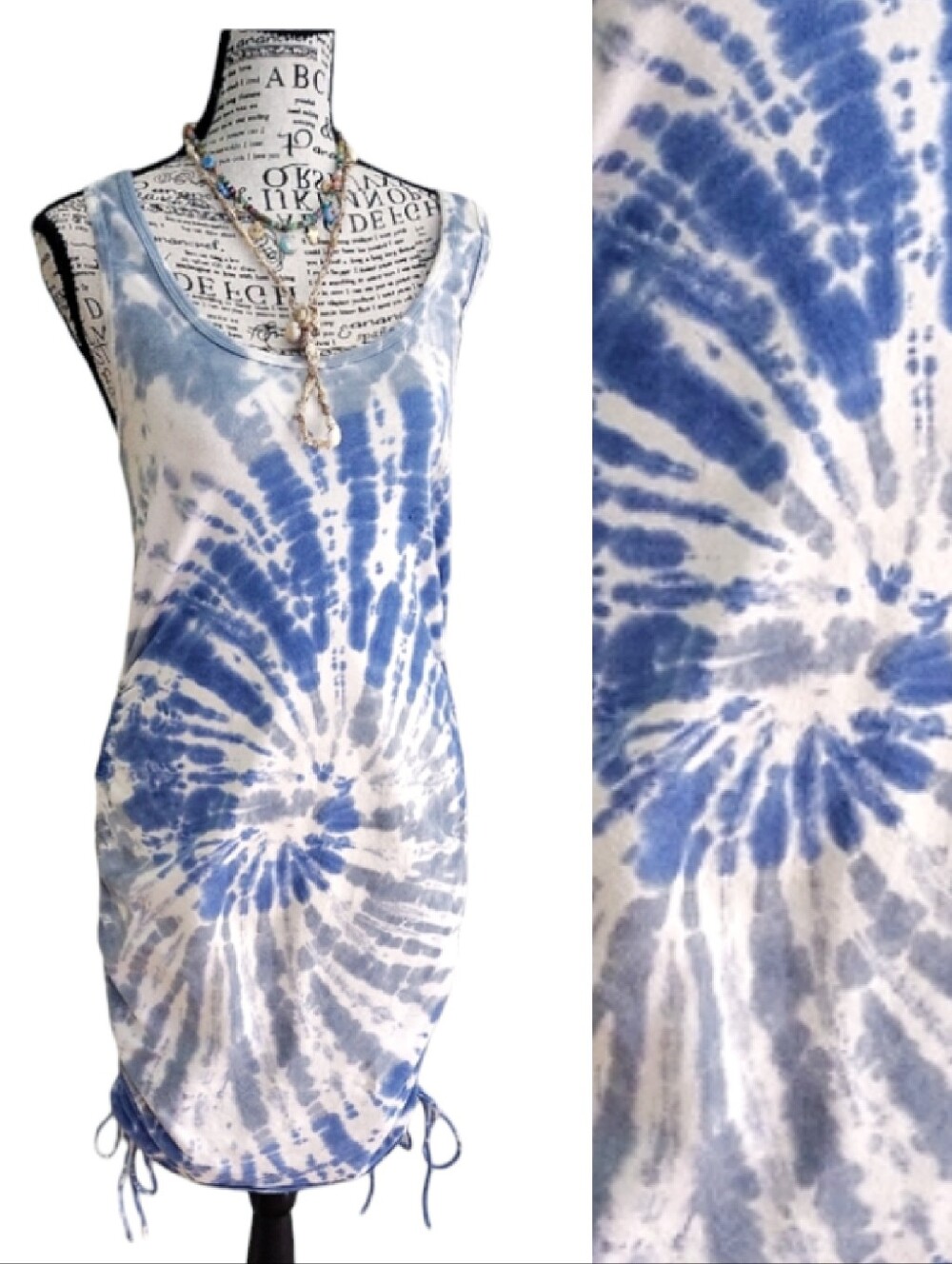Aeropostale Blue White Tie Dye Fitted Midi Tank Dress Large Adjustable Sides